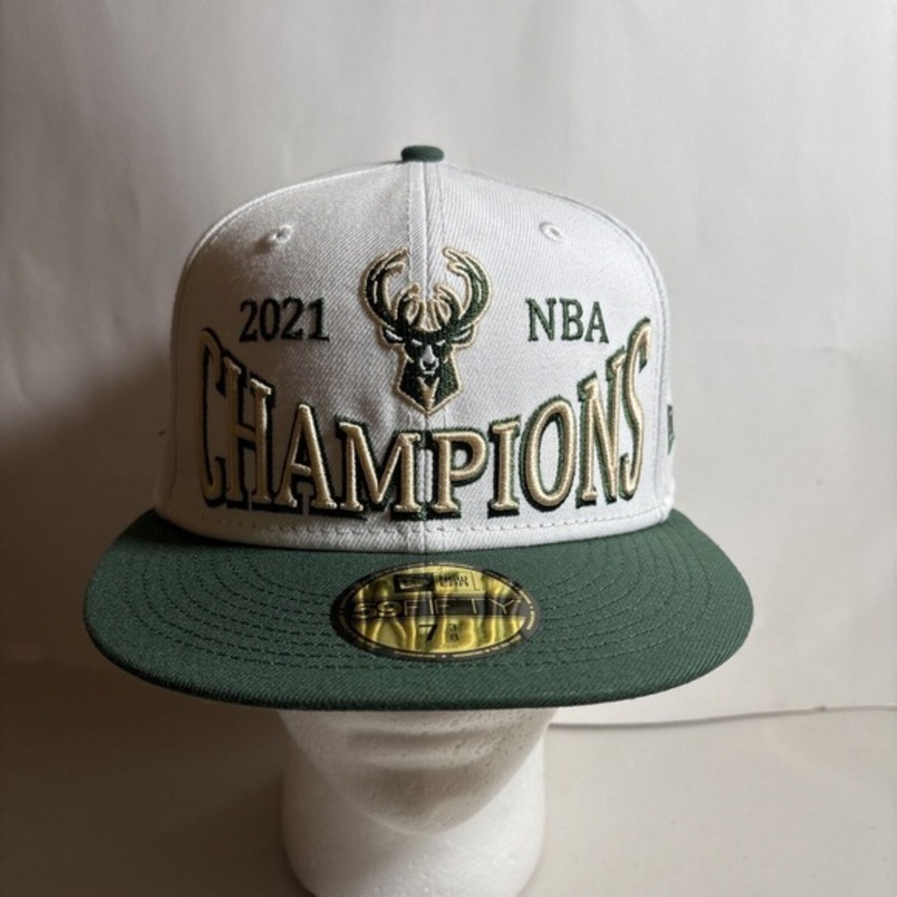 New Era 59Fifty Milwaukee Bucks NBA Champions White Fitted Hat NEW 7 3/8